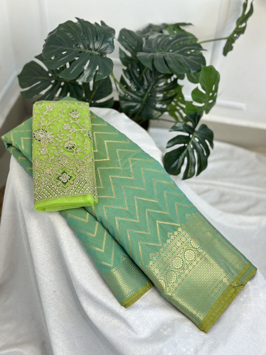 Light Ramagreen Semi Katan Silk Saree with work blouse combo