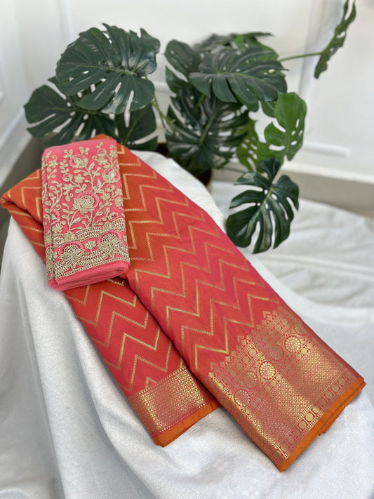 Tomato Pink Semi Katan Silk Saree with work blouse combo