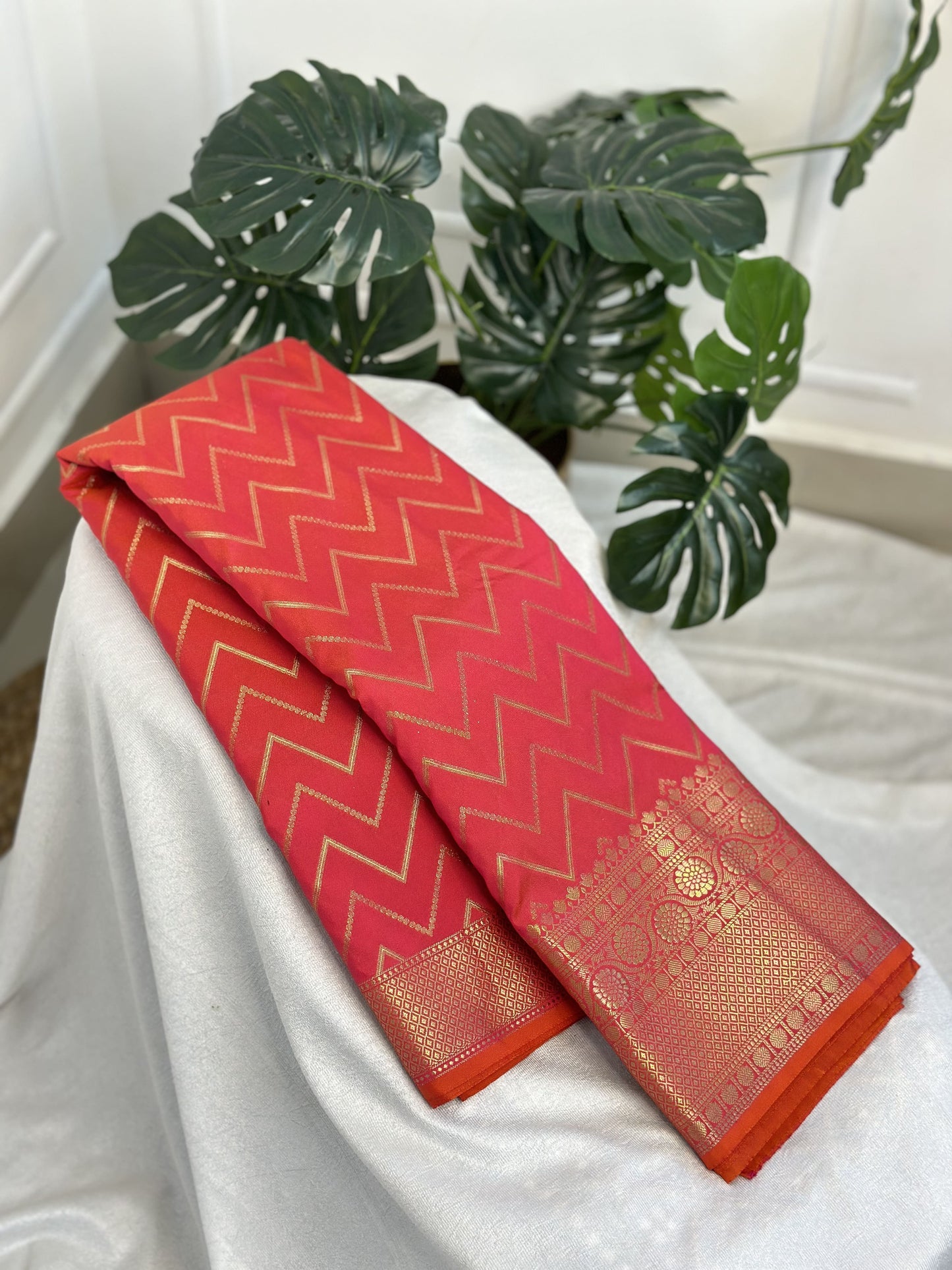 Tomato Pink Semi Kathan Silk Saree with Work Blouse Combo