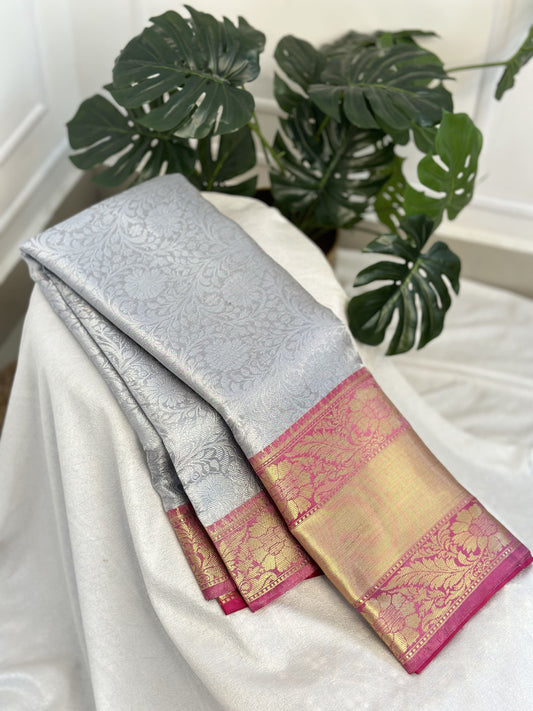 Silver Grey Pink Tissue Saree