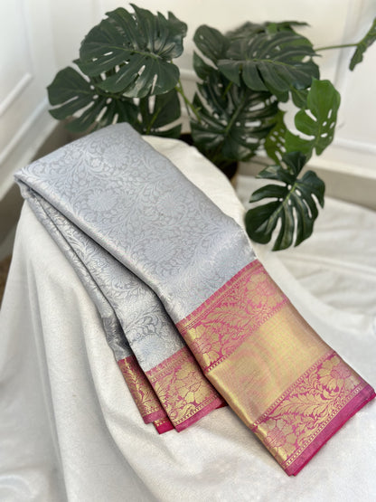 Silver Grey Pink Tissue Saree with Work Blouse Combo