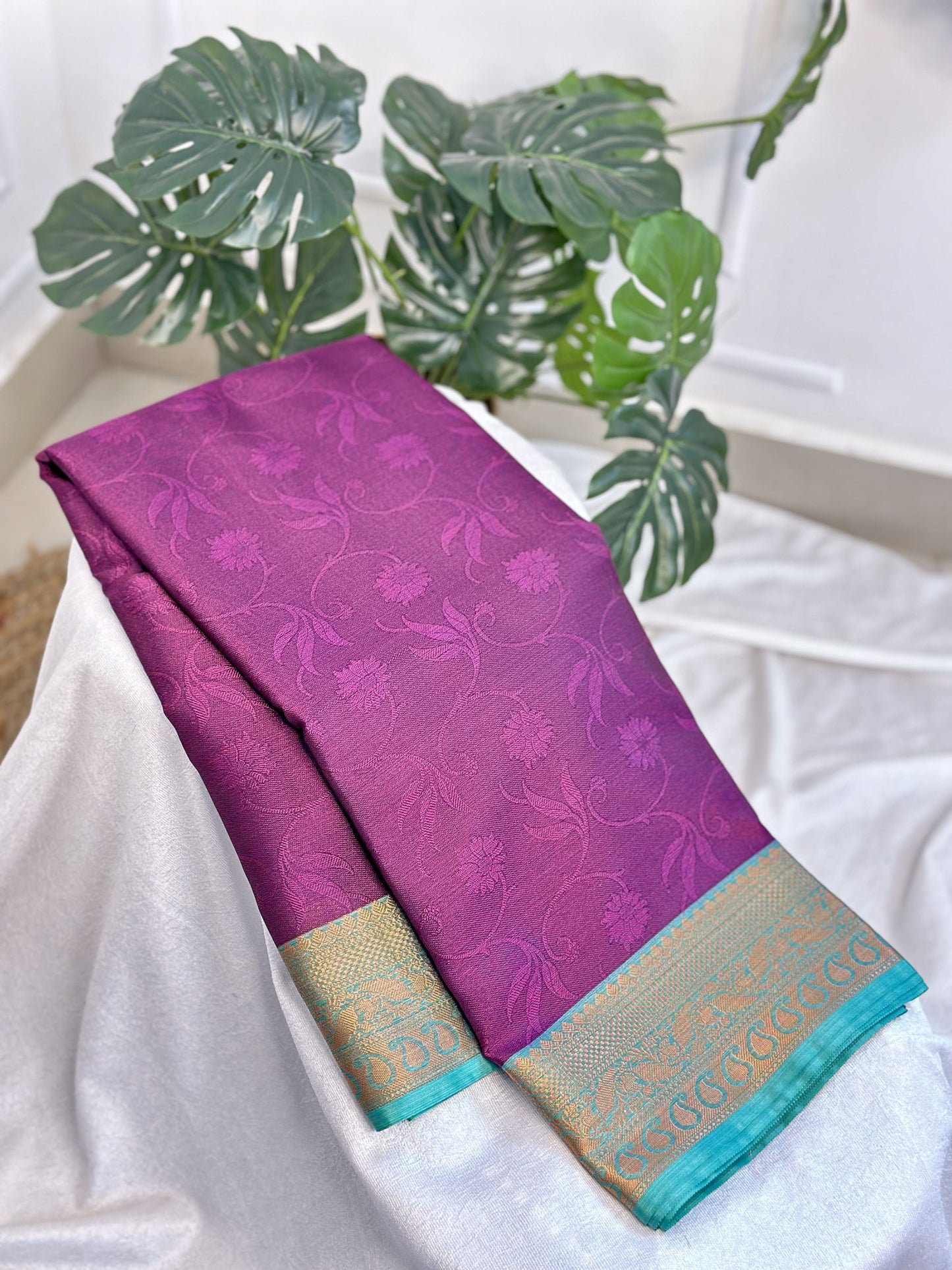 Purple Ramagreen Kora Muslin Saree