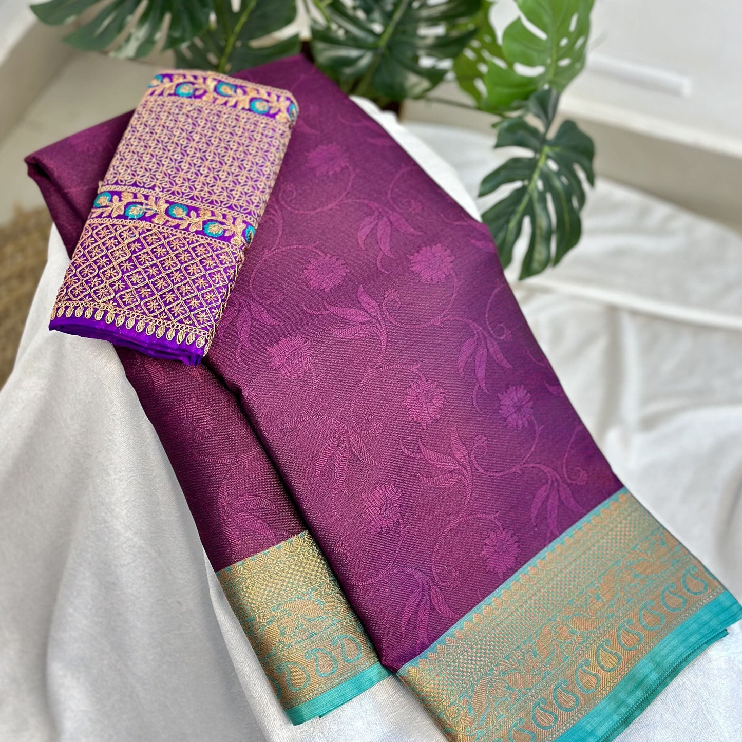 Purple Ramagreen Kora Muslin Saree with Work blouse combo