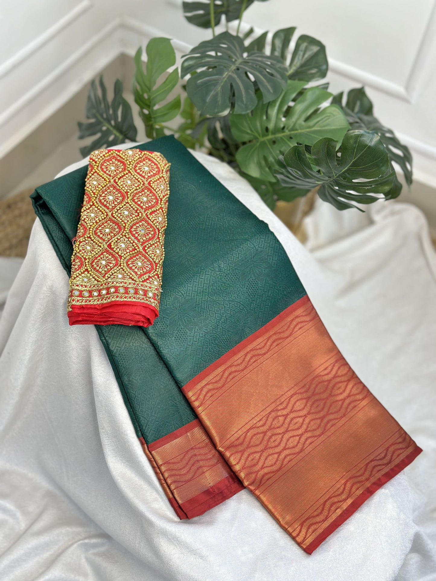 Green Red Big Border Kora Muslin Saree with Work blouse combo