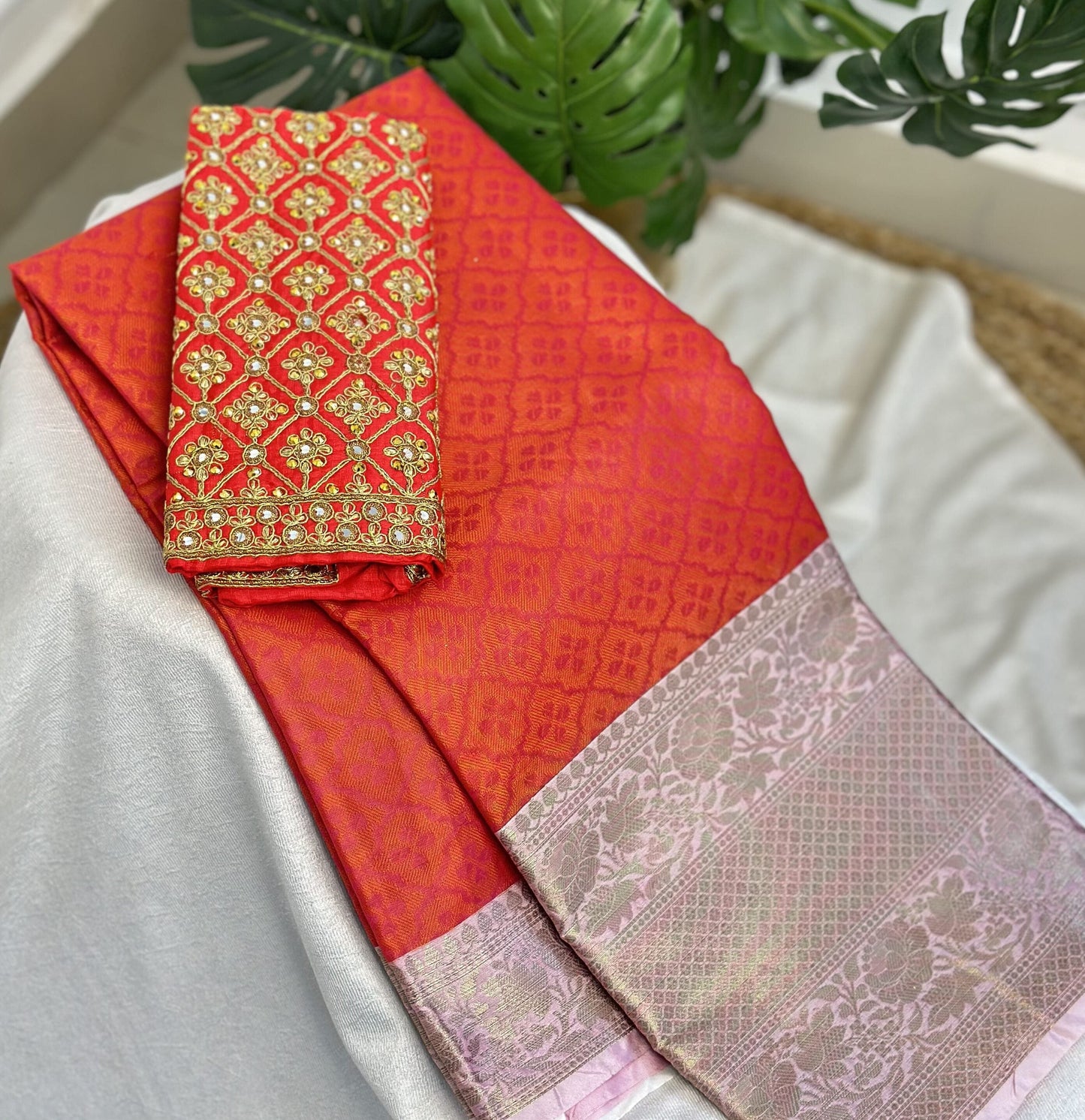 Tomato Pink Big Border Kora Muslin Saree with Work blouse combo