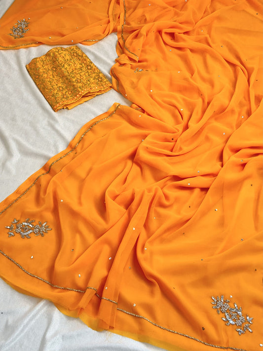 Mango Yellow Georgette Saree with work blouse