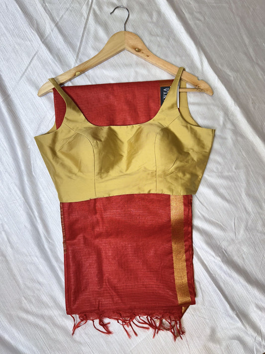 Red Kota Cotton Saree With Sleeveless Blouse