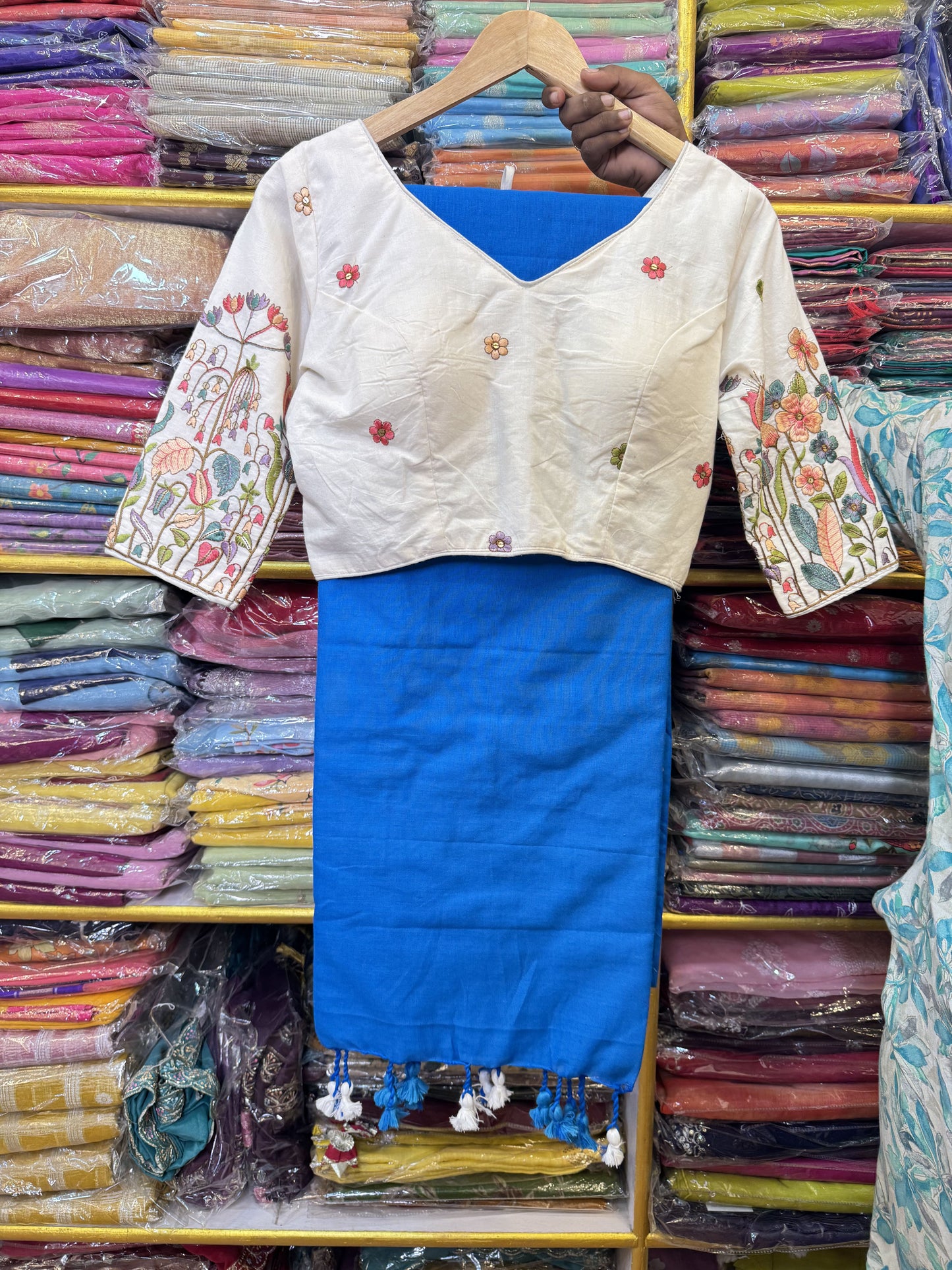 Blue Khadi Cotton Saree With Stitched Blouse