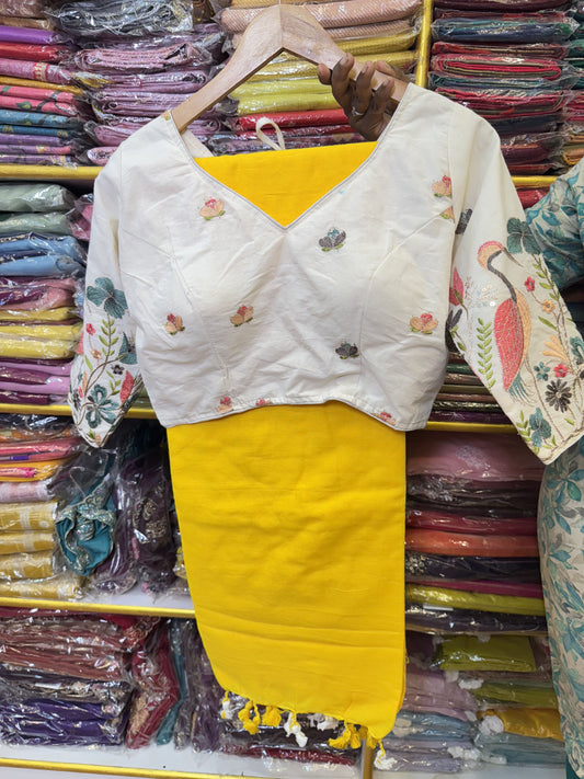 Yellow Khadi Cotton Saree With Stitched Blouse