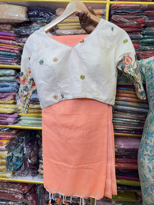 Peach Khadi Cotton Saree With Stitched Blouse