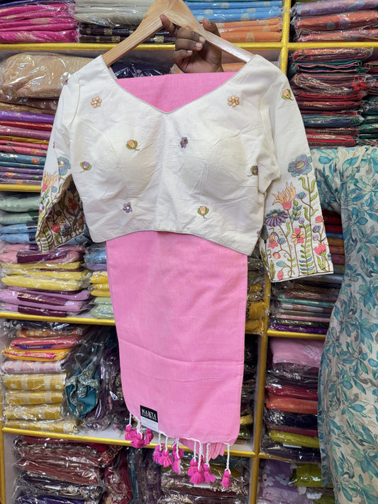 Light Pink Khadi Cotton Saree With Stitched Blouse