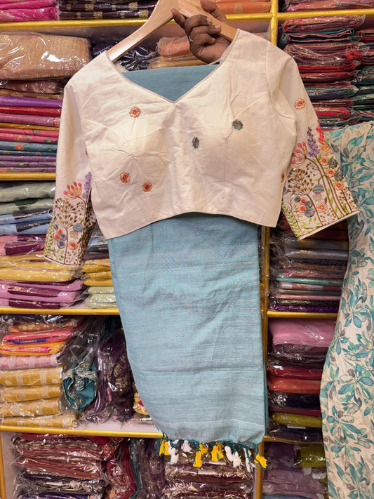 Aqua Blue Khadi Cotton Saree With Stitched Blouse