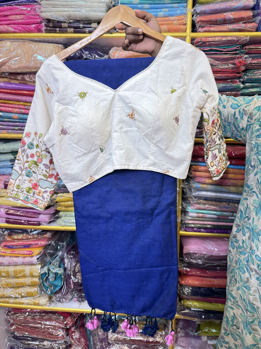 Blue Khadi Cotton Saree With Stitched Blouse