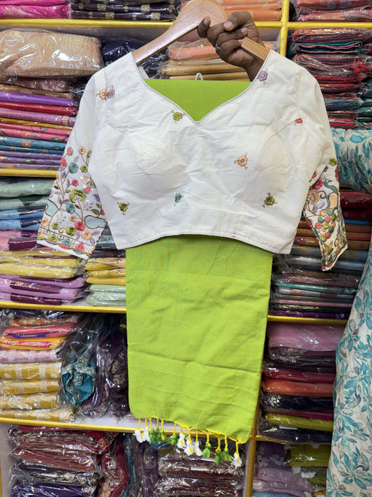 Green Khadi Cotton Saree With Stitched Blouse