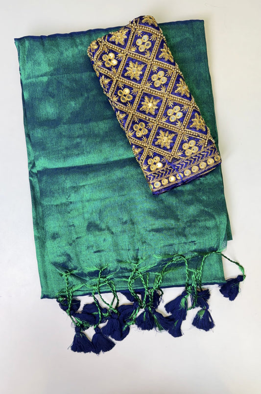 Peacock Green Navy Blue Tassels Plain Tissue Saree with Work Blouse Combo