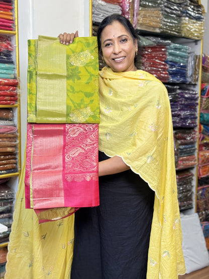 Lime Green with Tomato Red Sico Silk Saree