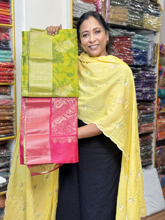 Lime Green with Tomato Red Sico Silk Saree