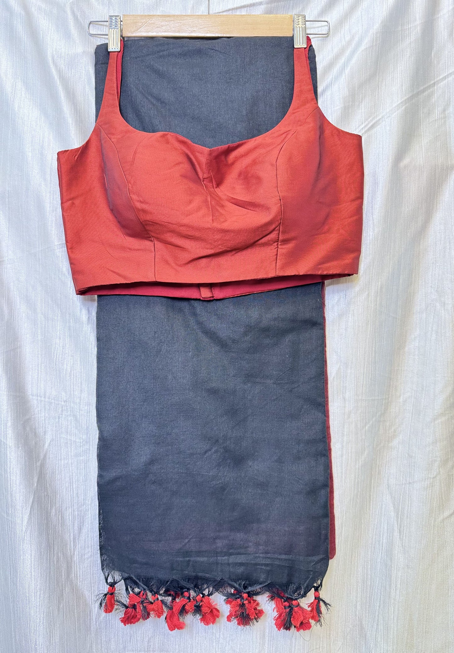 Maroon with Black Khadi Cotton Sarees with Sleeveless Blouse Combo