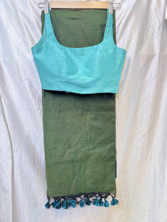 Mehendi Green with Sea Green Khadi Cotton Sarees with Sleeveless Blouse Combo