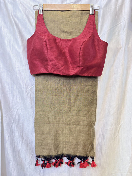 Olive Green with Maroon Khadi Cotton Sarees with Sleeveless Blouse Combo