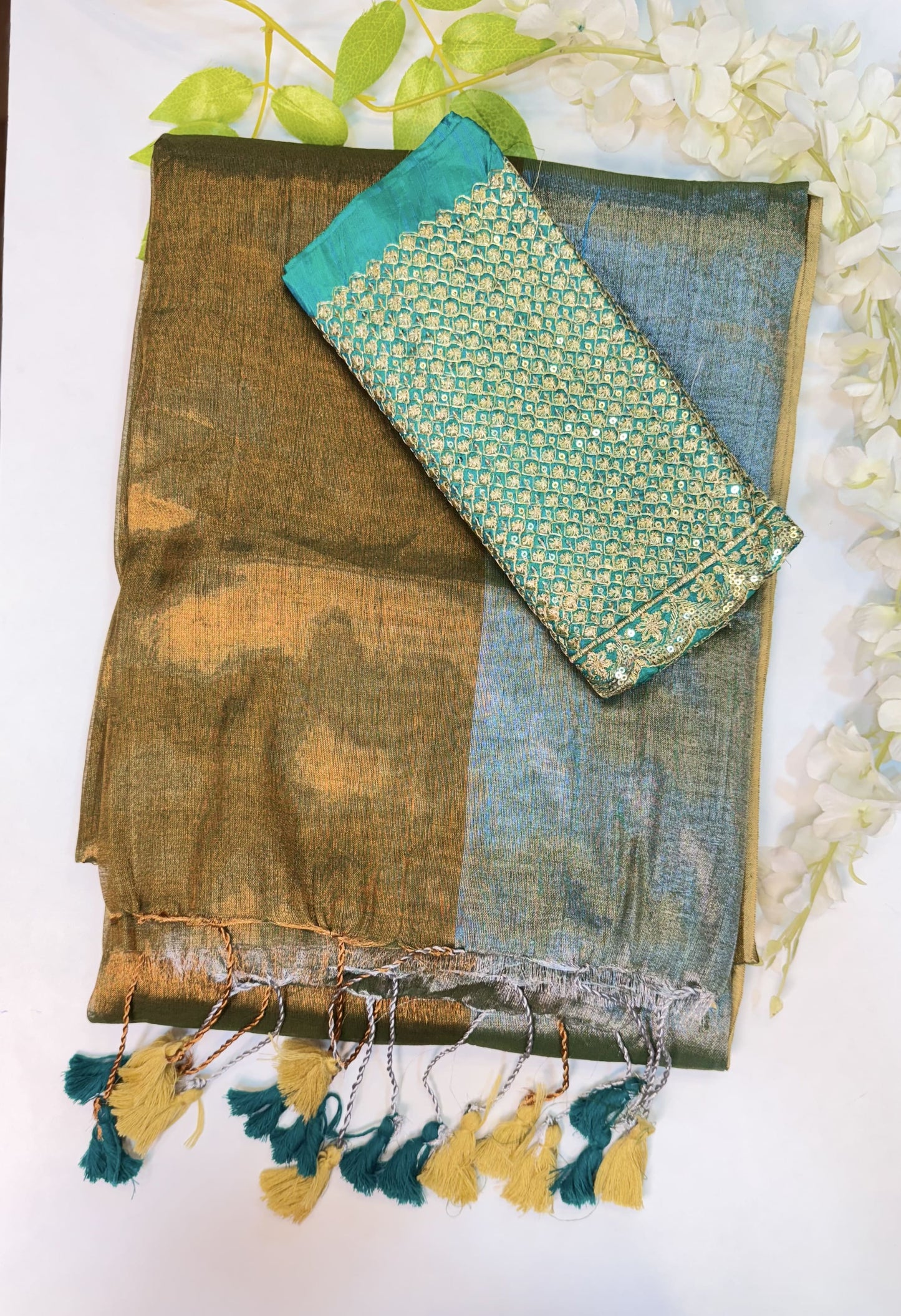 Dual Tone - Silver Green with Copper Green Plain Tissue Saree with Work Blouse Combo