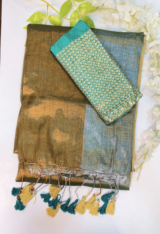 Dual Tone - Silver Green with Copper Green Plain Tissue Saree with Work Blouse Combo