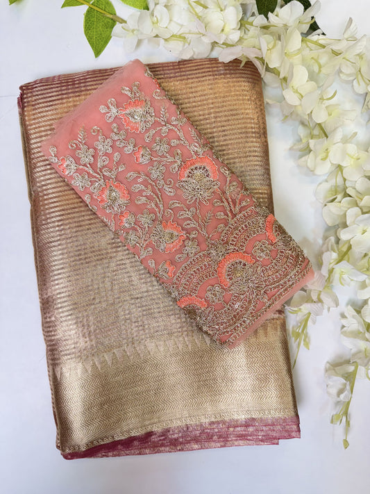 Golden Pink Tissue Saree with Work Blouse Combo