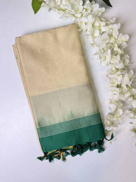 Half-White Forest Green Sico Silk Saree