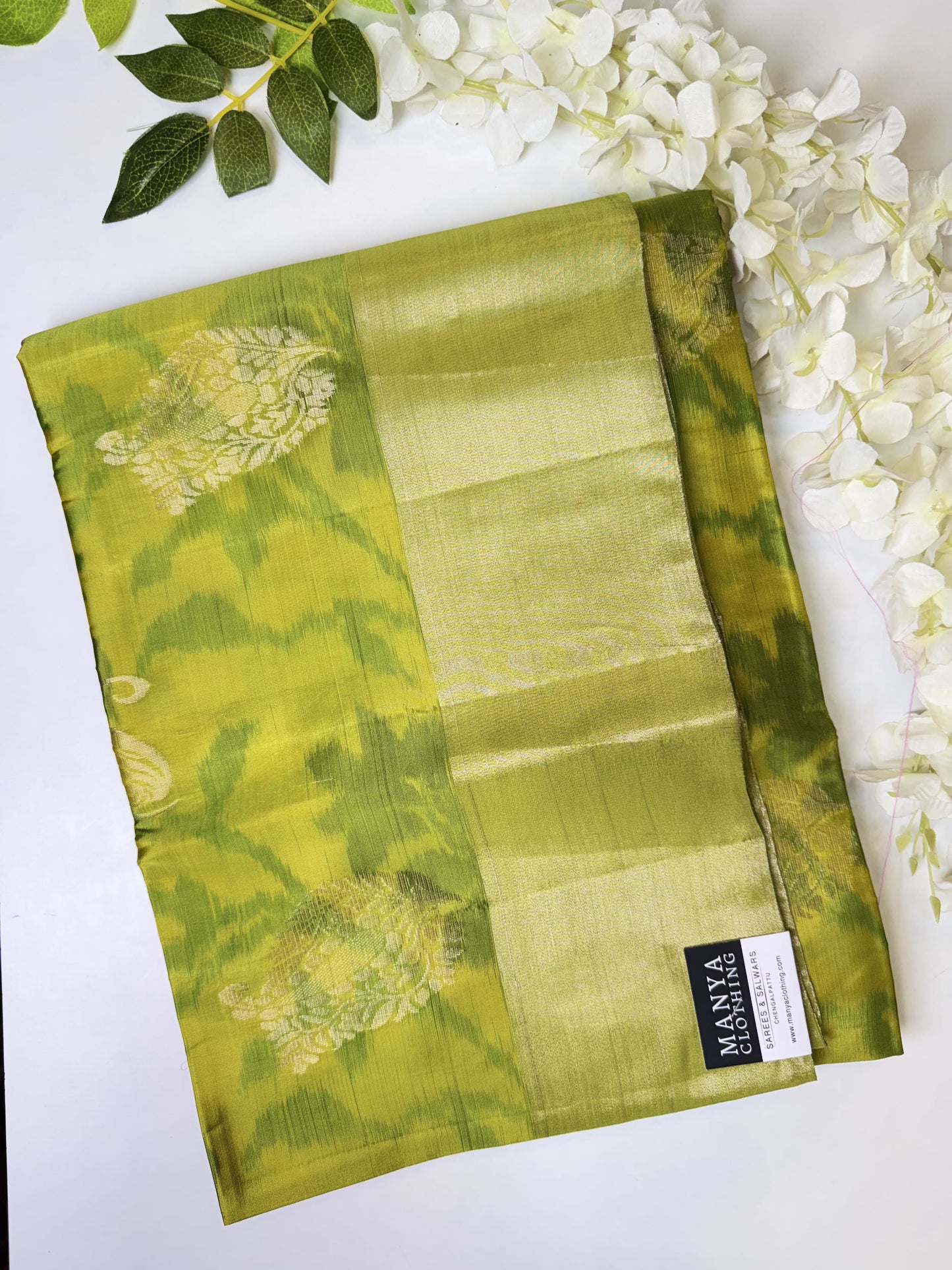 Lime Green with Tomato Red Sico Silk Saree