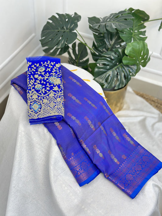 Violet Blue Soft Silk Saree with work blouse