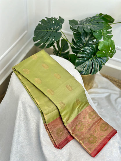 Light Olive Green Red Semi Katan Silk Saree