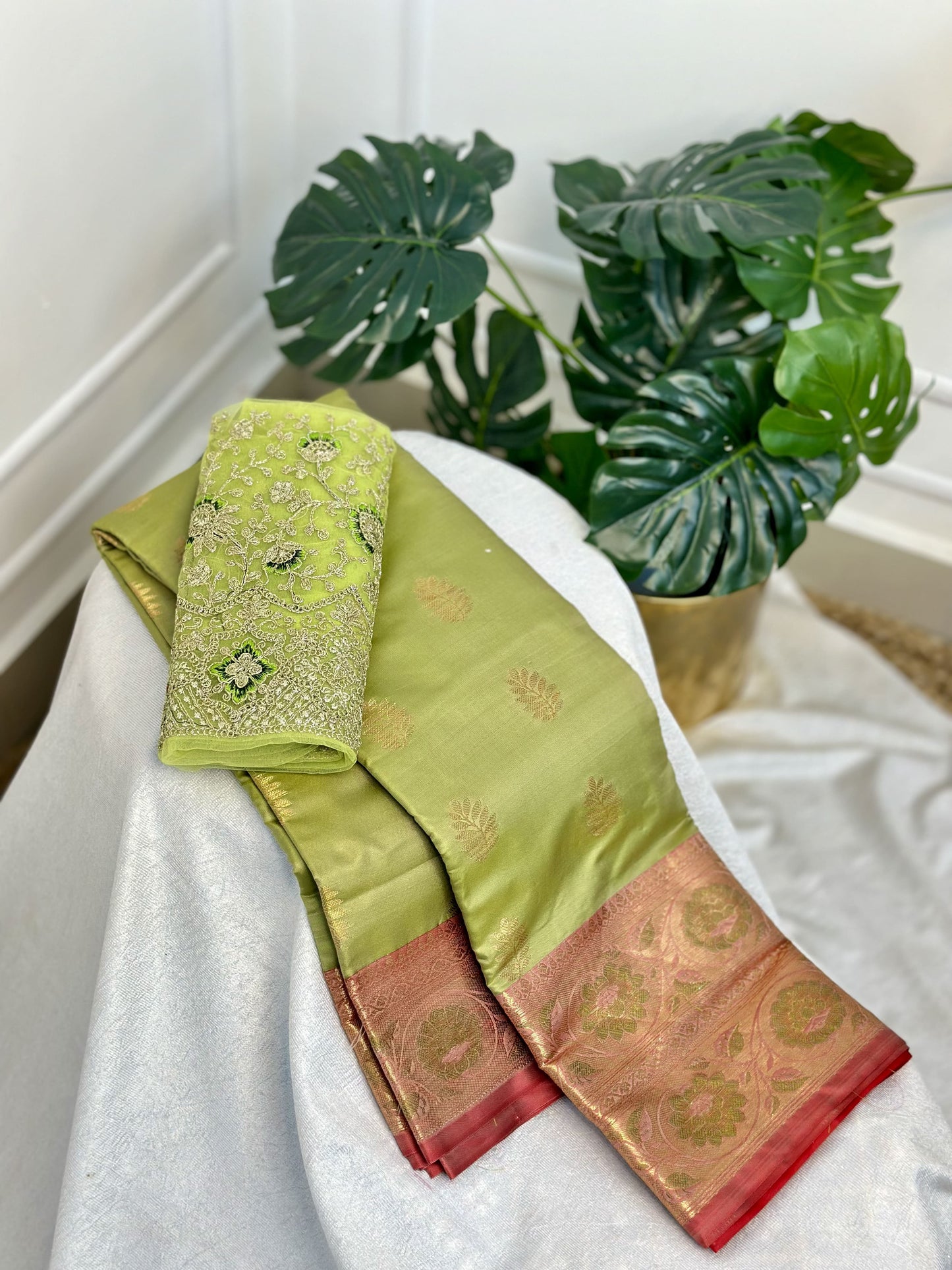 Light Olive Green Red Semi Katan Silk Saree with work blouse combo