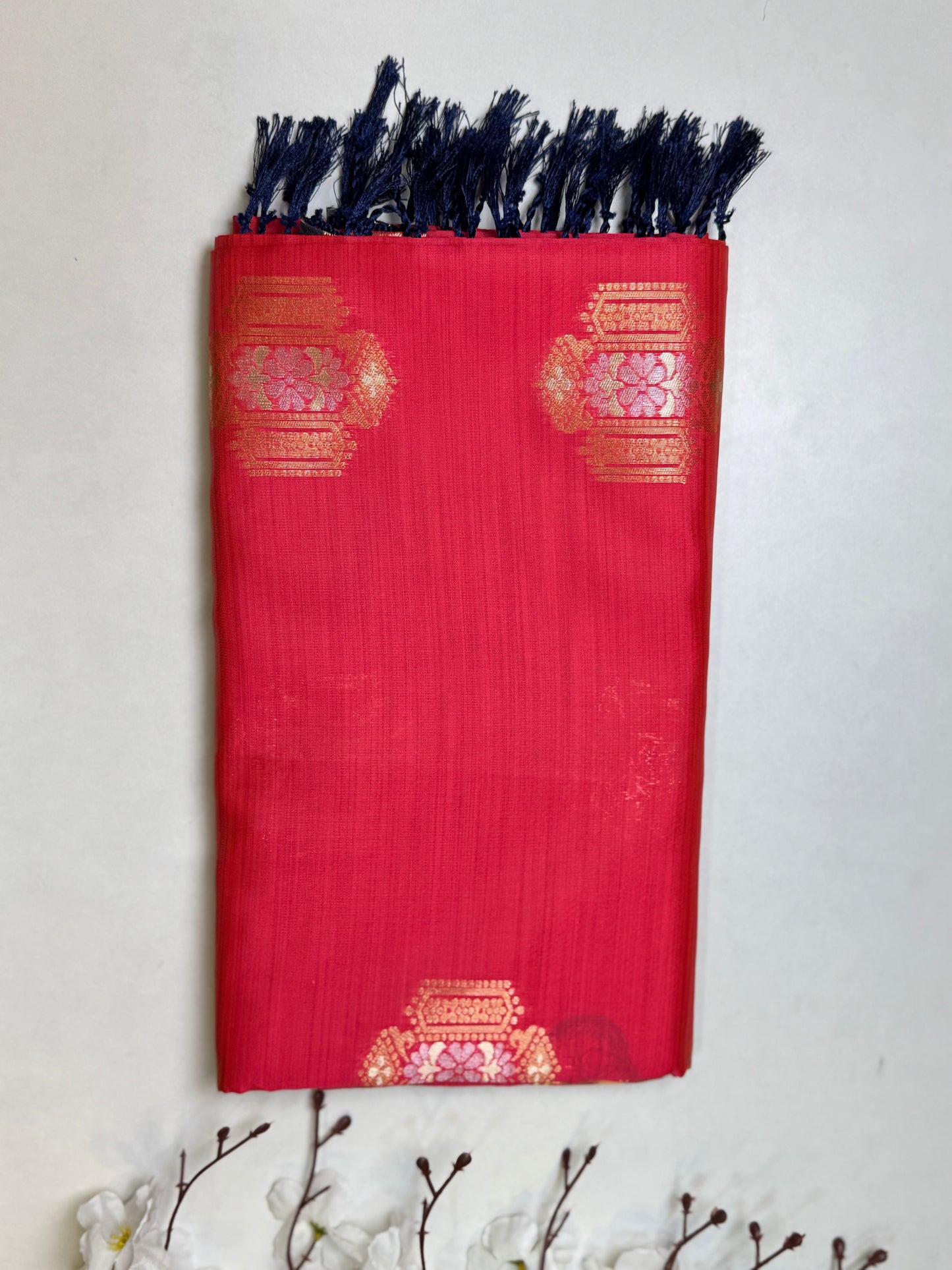 Tomato Pink Kanchi-Tussar Soft Silk Saree
