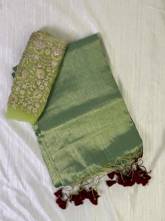 Light Ramagreen Plain Tissue Saree with Work Blouse Combo