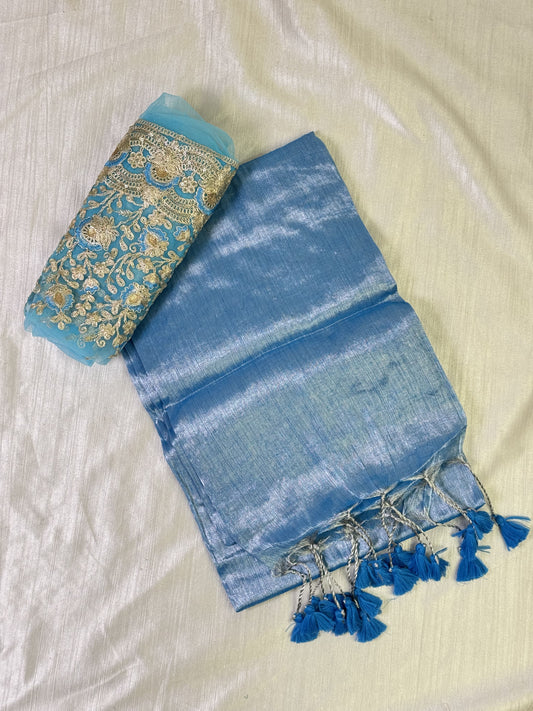 Silver Blue Plain Tissue Saree with Work Blouse Combo