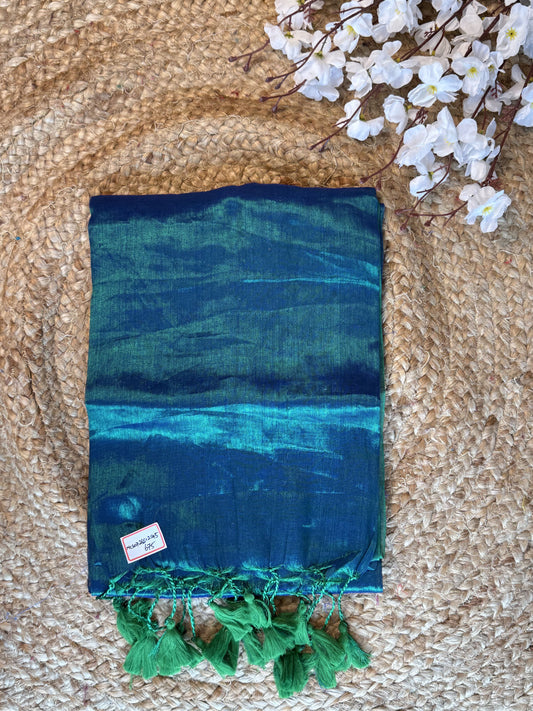 Peacock Green, Green Tassels Plain Khadi Tissue Saree