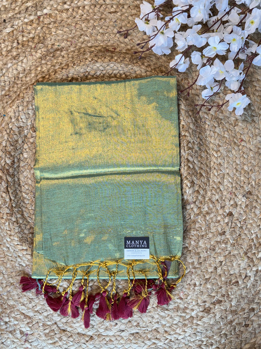 Rama Green, Maroon Tassels Plain Khadi Tissue Saree
