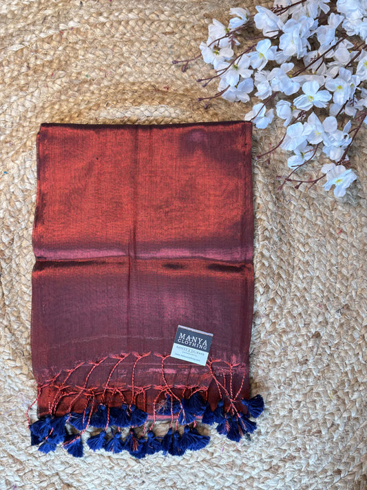 Maroon, Navy Blue Tassels Plain Khadi Tissue Saree
