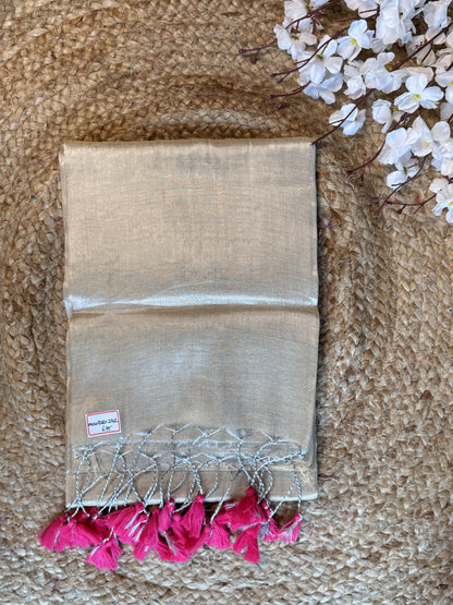 Beige, Pink Tassels Plain Khadi Tissue Saree