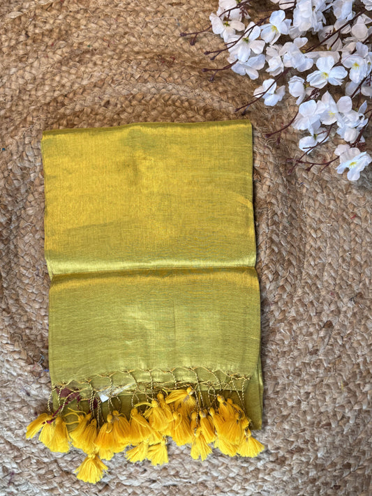 Lime Yellow, Yellow Tassels Plain Khadi Tissue Saree