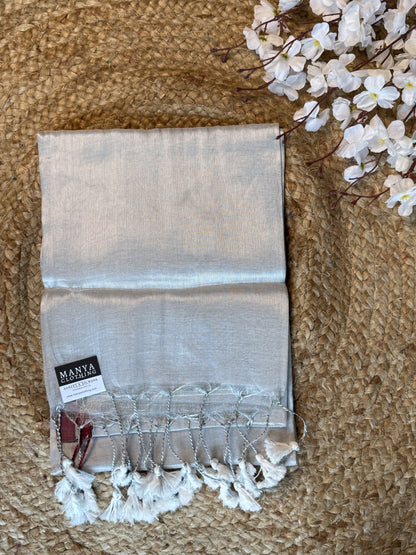 Silver with Maroon Border Plain Khadi Tissue Saree