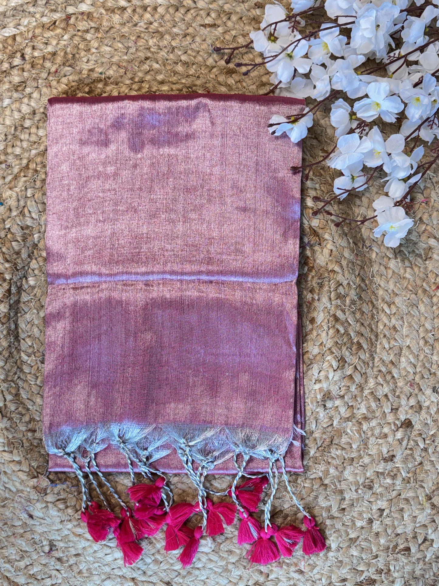 Silver Pink, Pink Tassels Plain Khadi Tissue Saree