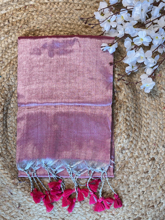 Silver Pink, Pink Tassels Plain Khadi Tissue Saree