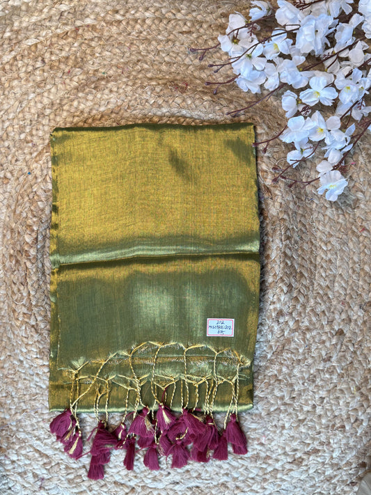 Mehendi Green, Maroon Tassels Plain Khadi Tissue Saree
