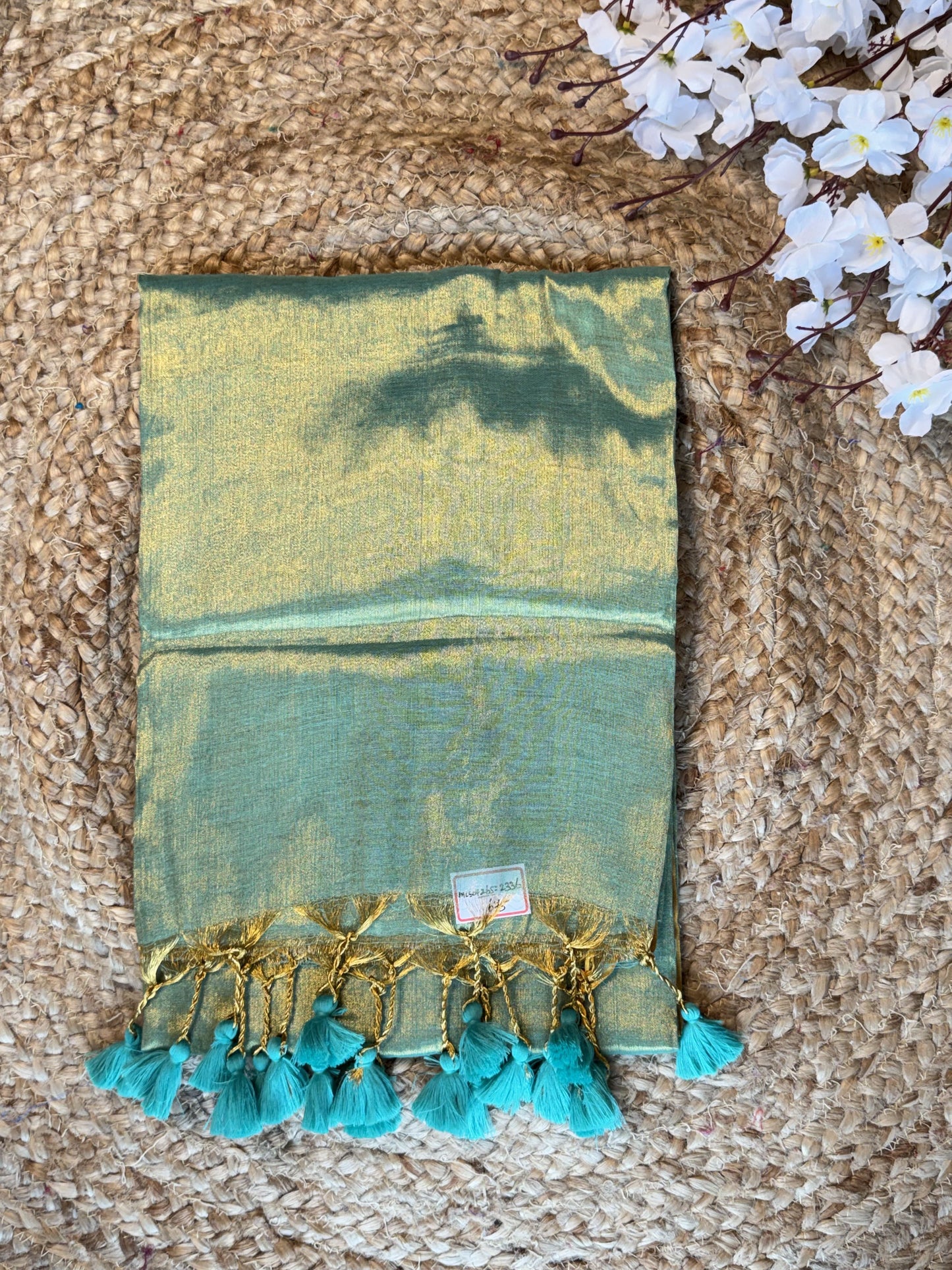 Copper Rama Green Plain Khadi Tissue Saree