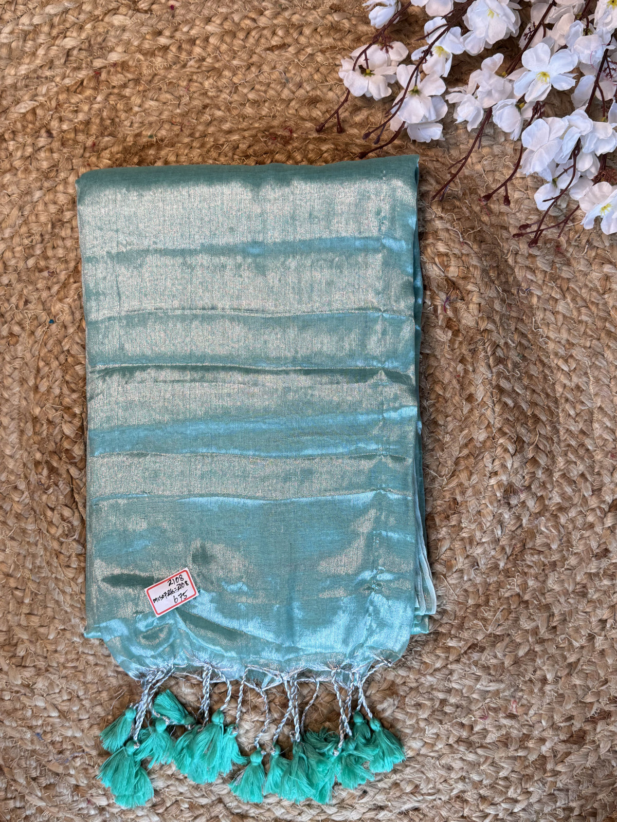 Seafoam Green Plain Khadi Tissue Saree
