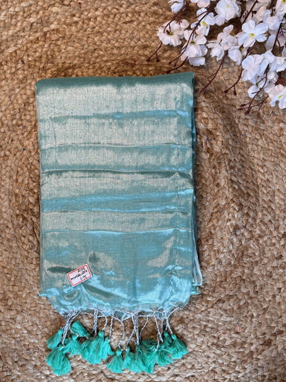 Seafoam Green Plain Khadi Tissue Saree