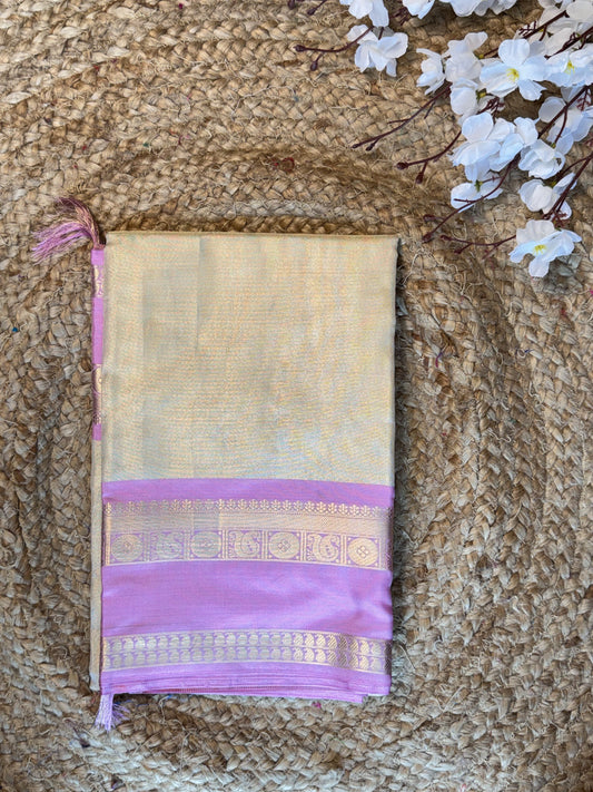 Beige with Lavendar Bordered Tissue Saree