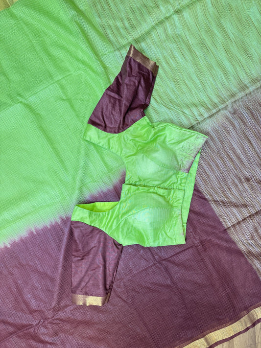 Green with Magenta Kota Cotton Saree with Stitched Blouse Combo