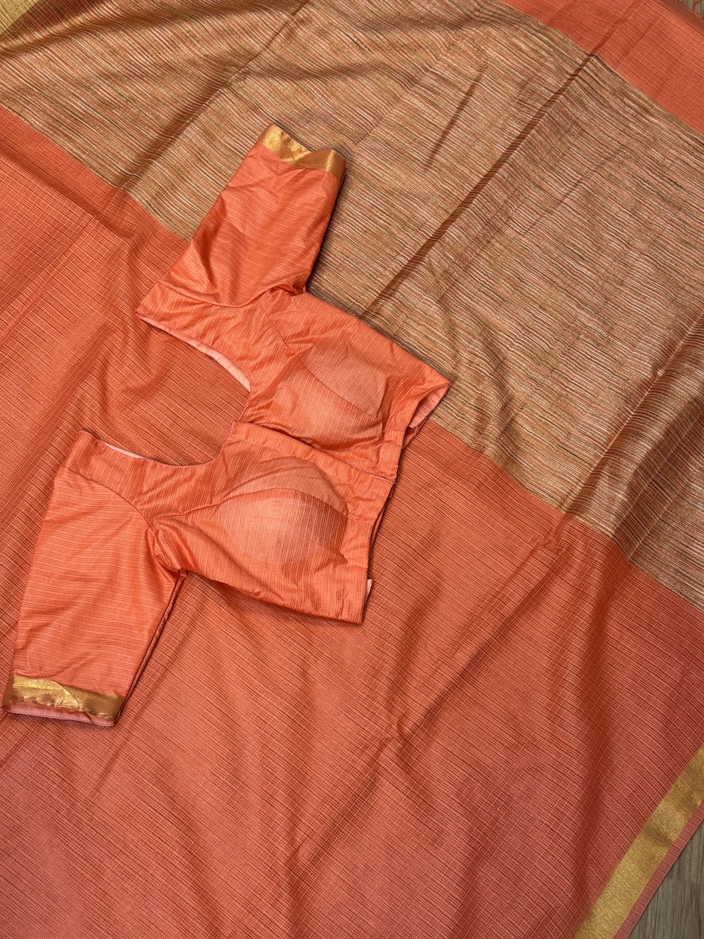 Orange Kota Cotton Saree with Stitched Blouse Combo